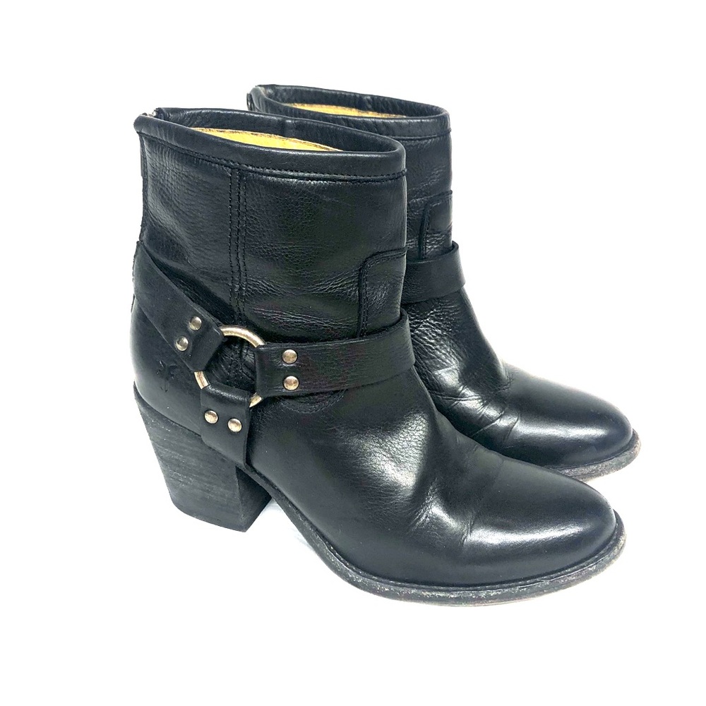 Frye Black Leather Mid Calf Harness Heeled Boots 9